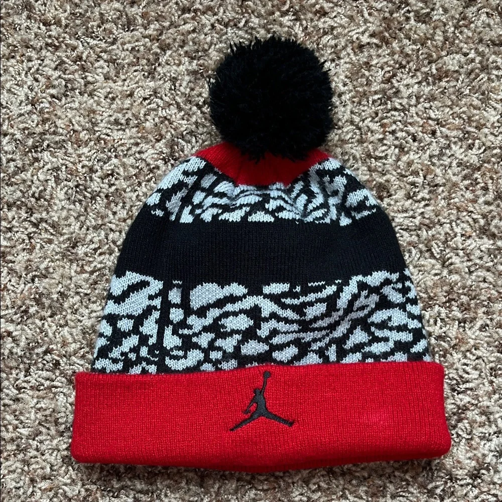 Jordan Kids Red and Black Pom-Pom Beanie